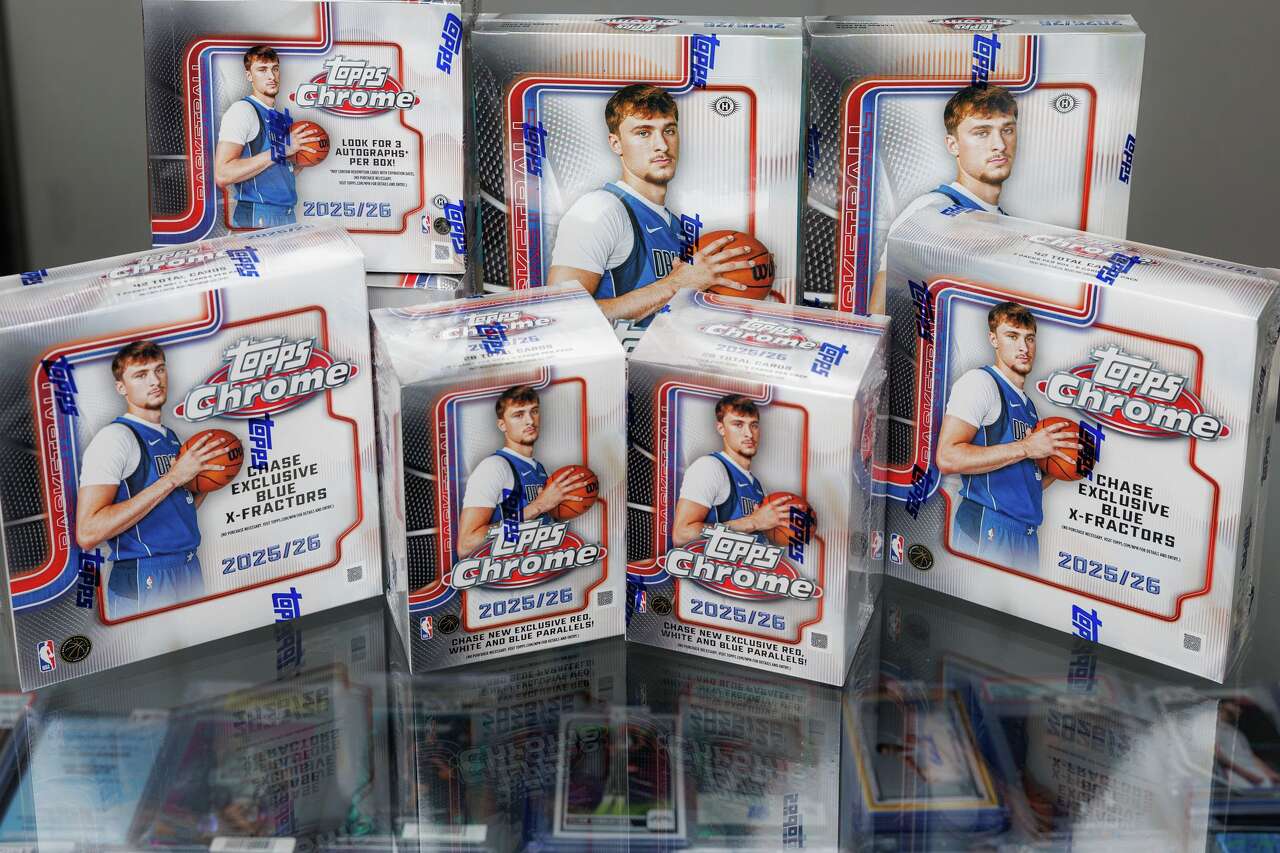 The new 2025-26 Topps Chrome Basketball trading cards, one of the most popular series in the card collecting hobby, come in different box formats for various collecting levels and budgets. Prices range from $19.99 for 15 cards to $379.99 for a Hobby Box of 80 cards with one autograph card. (Sam Owens/San Antonio Express-News)