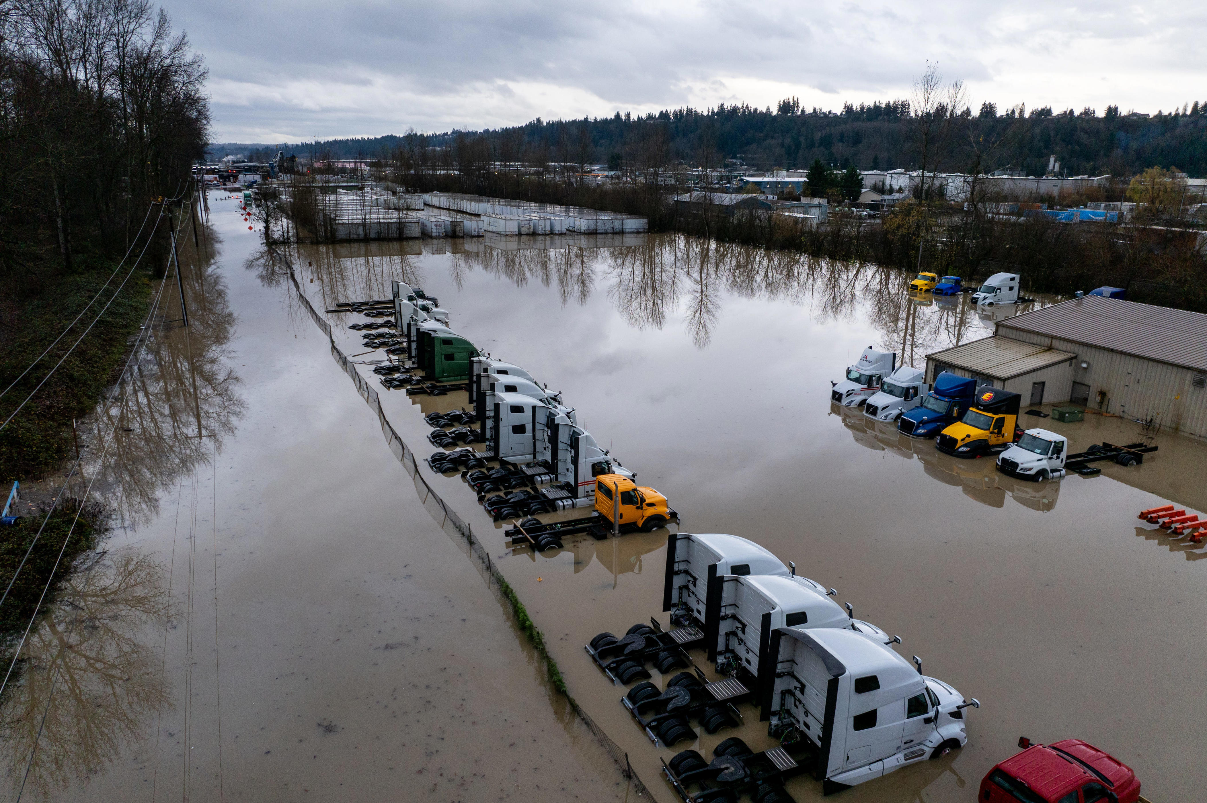 Drone view shows heavy floods in Washington and Oregon