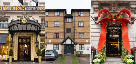The Waldorf Hilton hotel in Aldwych, central London, left; the flats in north London where Zeuz Global was once registered; and London’s One Aldwych hotel. Photograph: Antonio Olmos/The Guardian