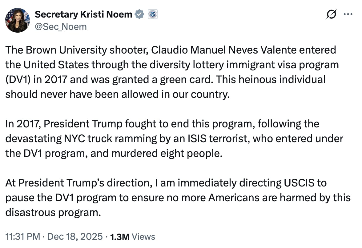 Noem pauses green card lottery over Brown University shooting suspect
