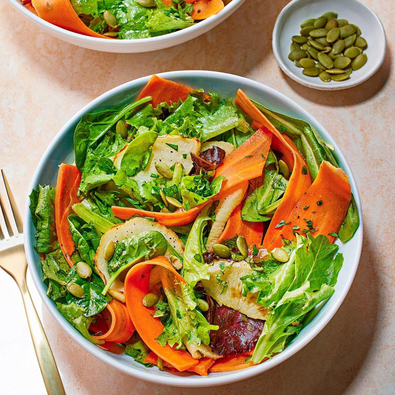 Roasted kohlrabi & carrot ribbon salad