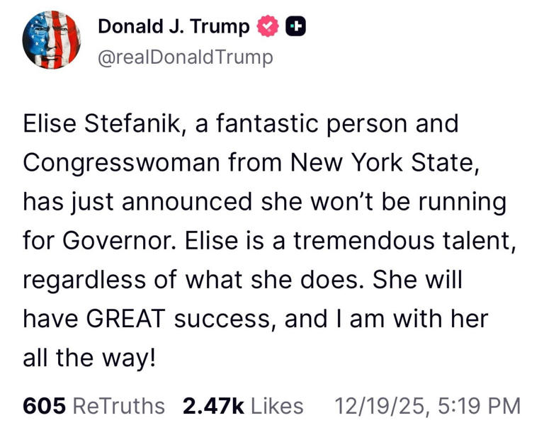 Trump sends off Elise Stefanik / Truth Social / Donald Trump