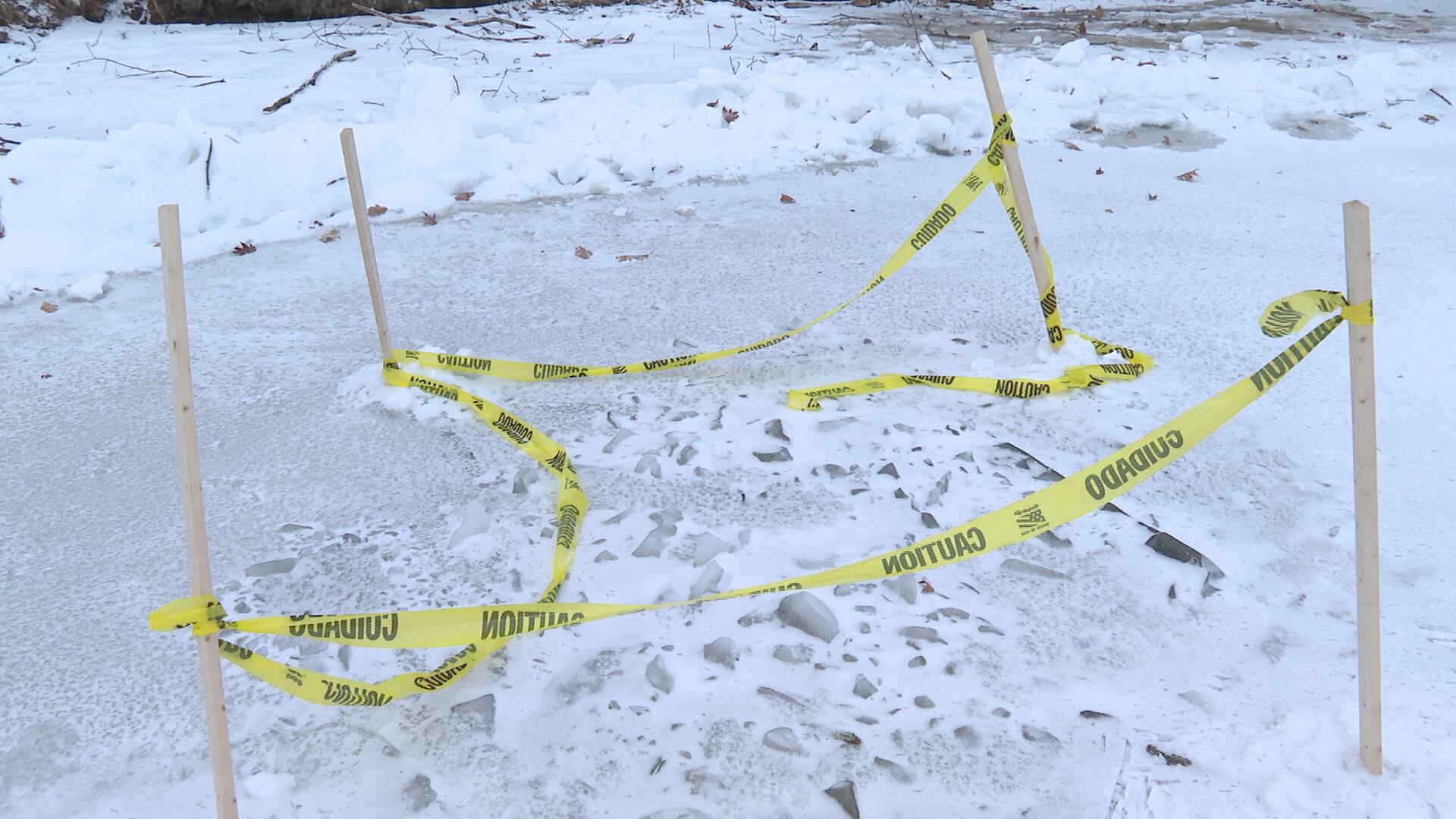 Large ice hole poses danger to snowmobilers and ATV riders on Alexander ...