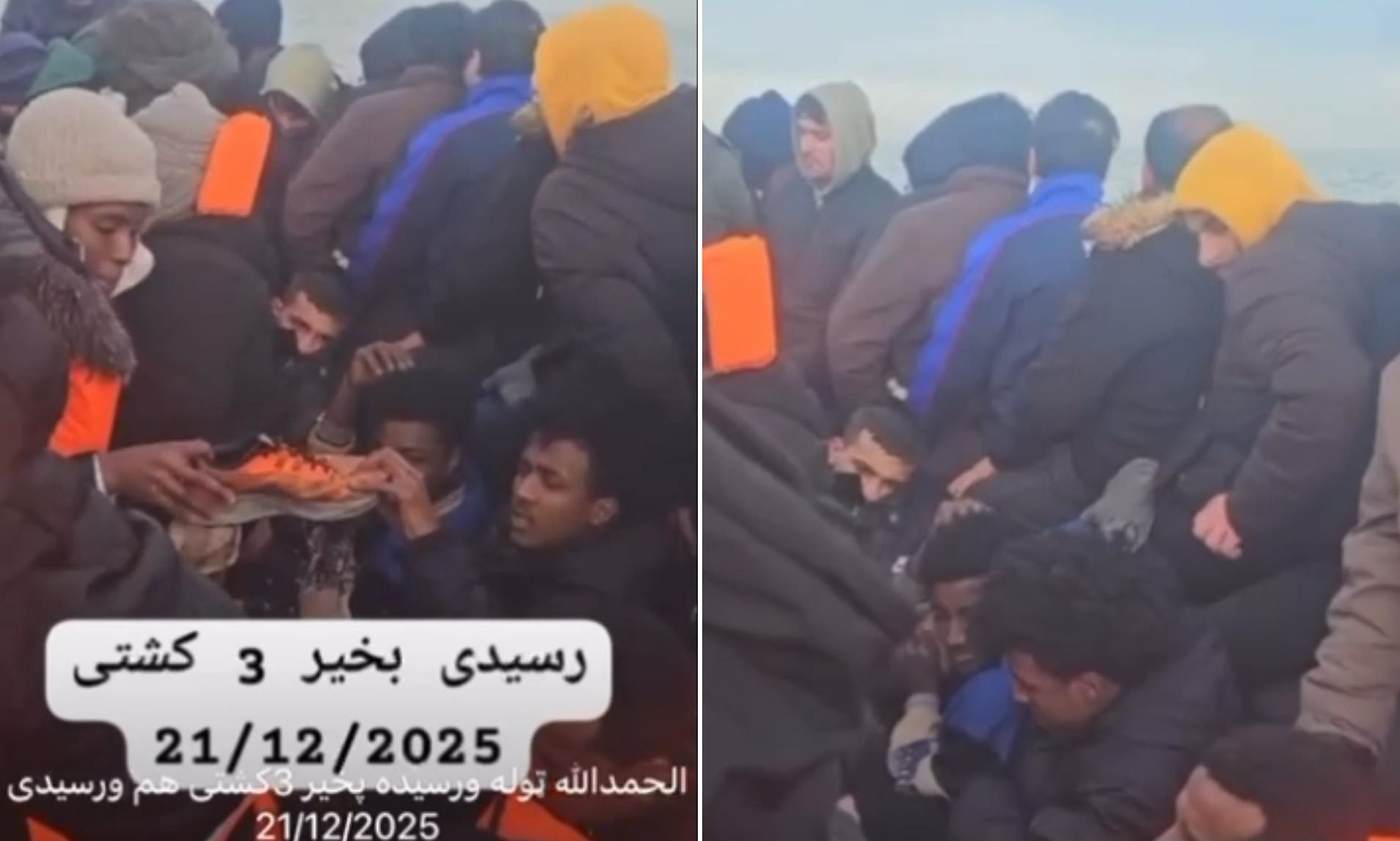 Moment migrants use Nike trainers to bail out their sinking dinghy as ...