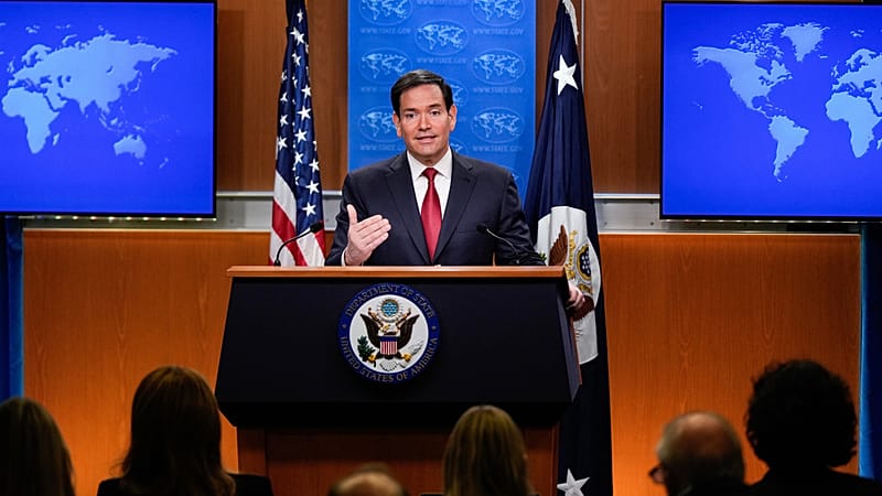 Le secrétaire d'État Marco Rubio s'exprime lors d'une conférence de presse au département d'État, vendredi 19 décembre 2025, à Washington. (AP Photo/Julia Demaree Nikhinson)