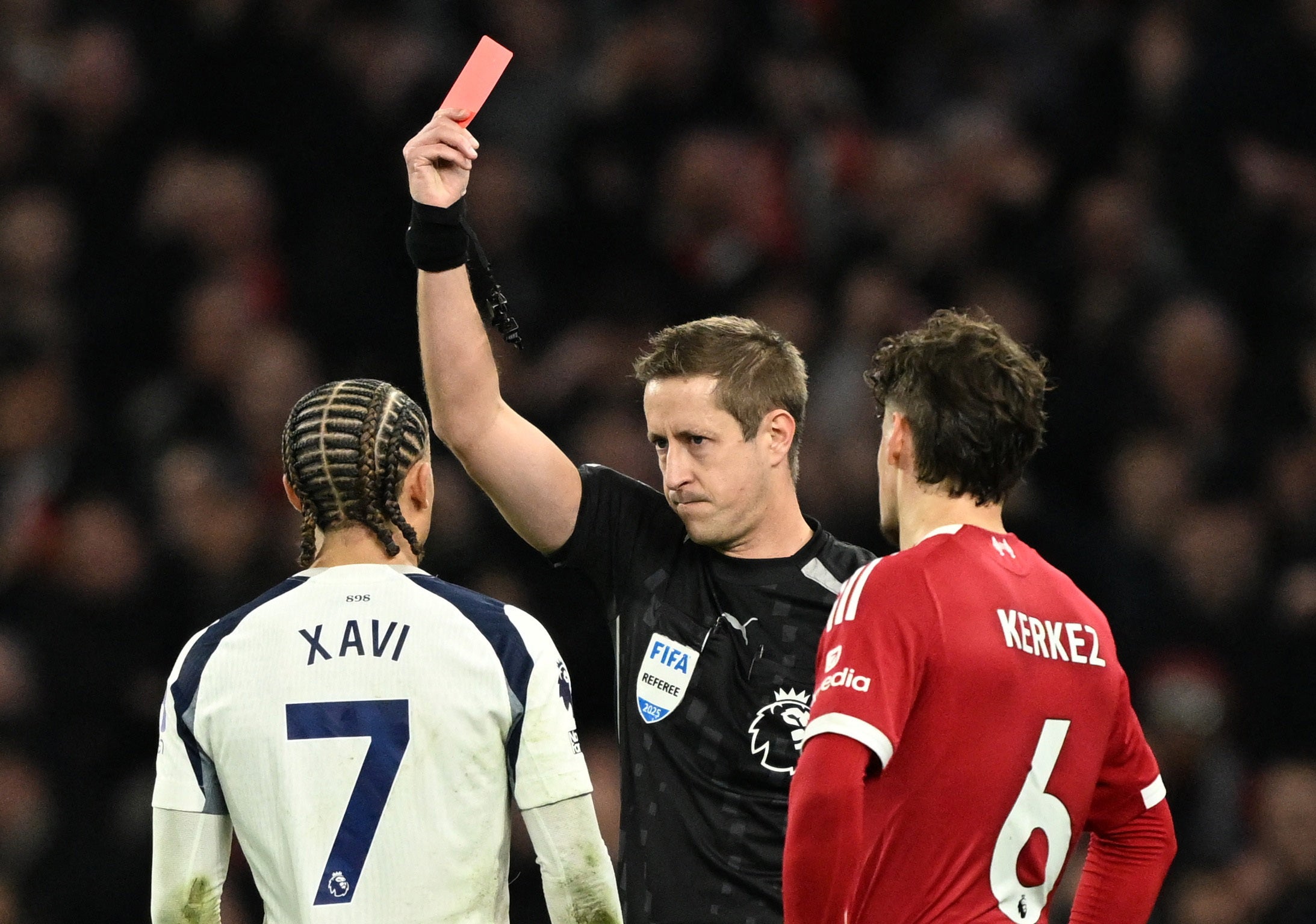 Simons was sent off for catching Van Dijk after a VAR review (Reuters)