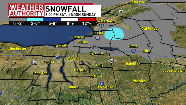 Lake effect snow will impact the roads and visibility in CNY on Sunday