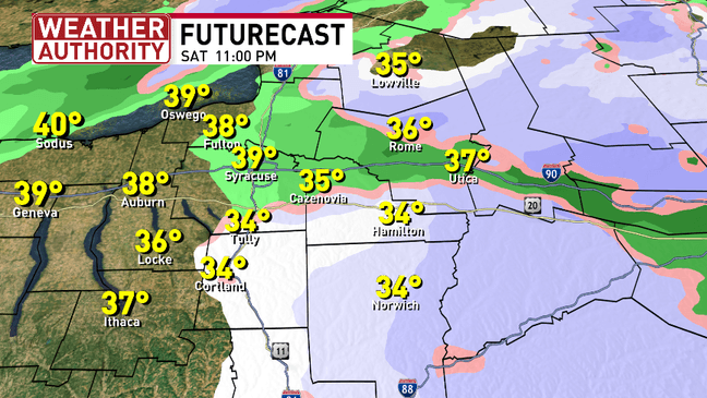 Lake effect snow will impact the roads and visibility in CNY on Sunday
