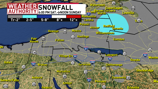 Lake effect snow will impact the roads and visibility in CNY on Sunday