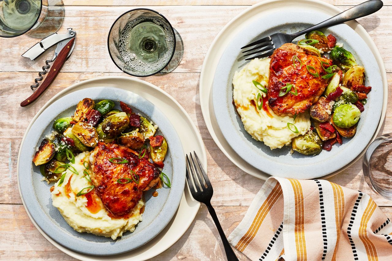 honey garlic chicken and mashed potatoes with brussels sprouts