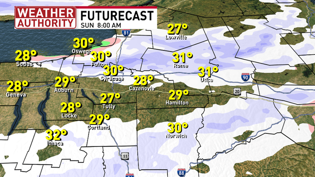 Lake effect snow will impact the roads and visibility in CNY on Sunday