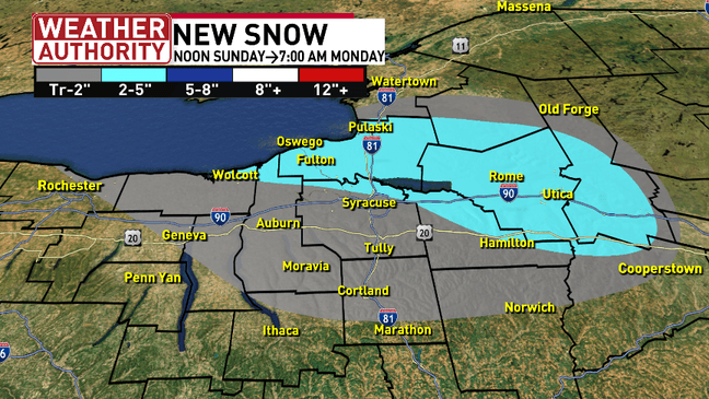 Lake effect snow will impact the roads and visibility in CNY on Sunday