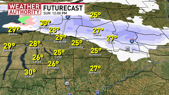 Lake effect snow will impact the roads and visibility in CNY on Sunday