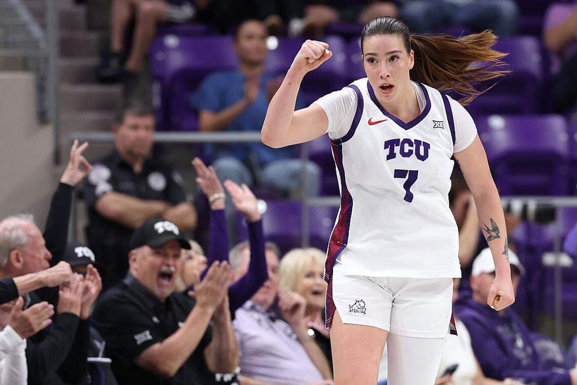 TCU foward Marta Suarez celebrates after scoring against Kansas State during the second quarter Saturday, Dec. 20, 2025, at Schollmaier Arena in Fort Worth, Texas.
