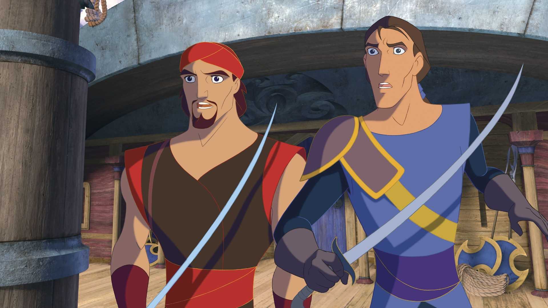 Sinbad and his crewmate look shocked while holding swords in Sinbad Legend of the Seven Seas