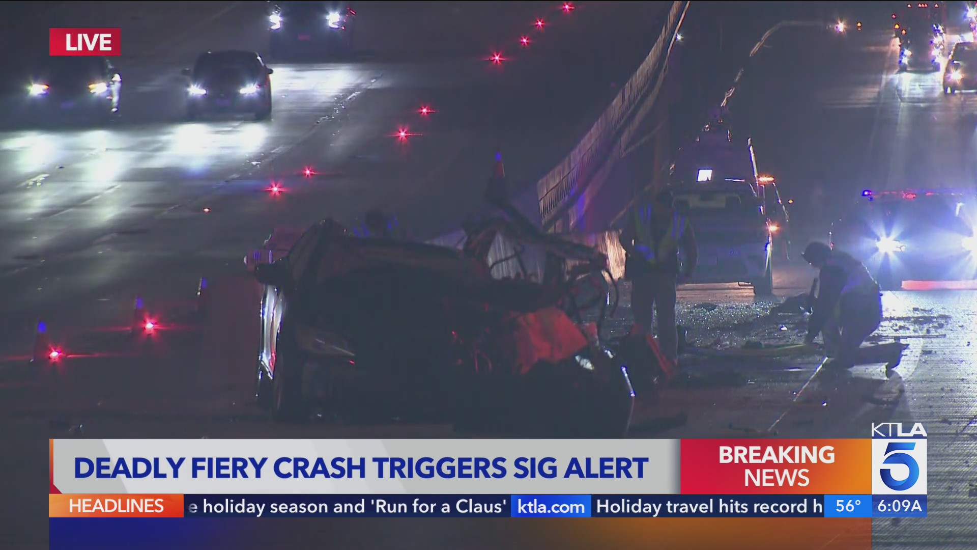Driver dead after fiery overnight freeway crash in San Fernando Valley