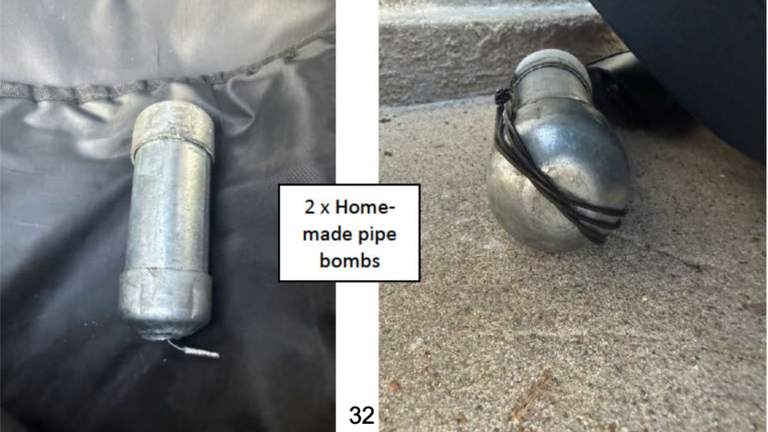 Three pipe bombs and tennis ball bomb were allegedly found at the scene. - New South Wales Police