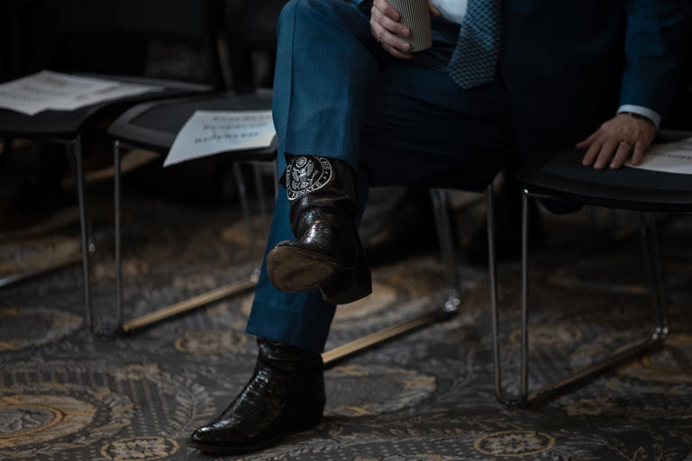 Cruz wears Senate-themed boots in May at the Capitol.