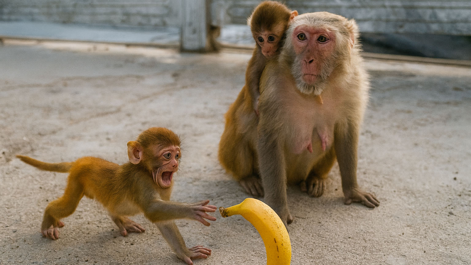 Schattige jonge aap wil heel graag een banaan