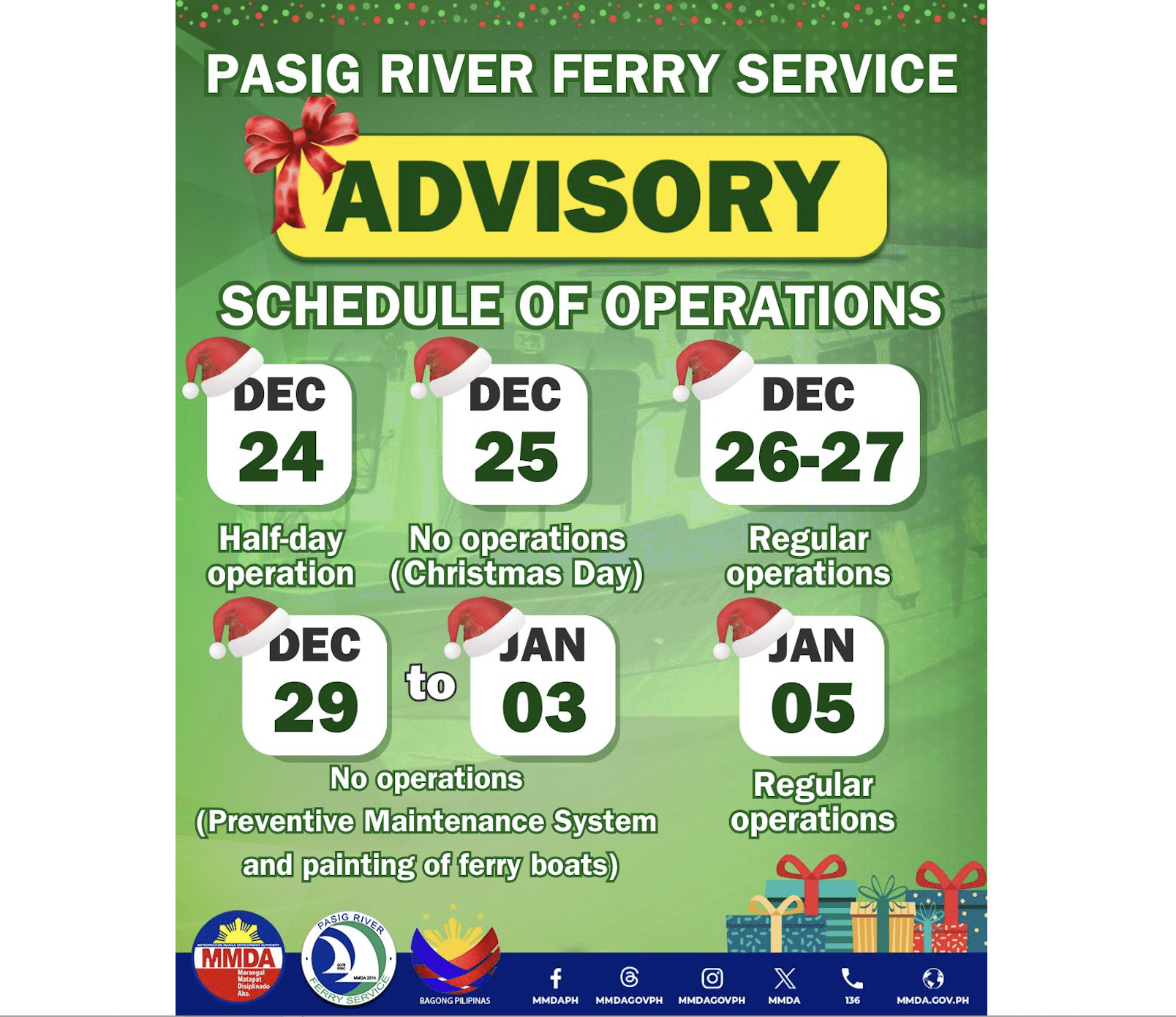 MMDA releases Pasig River ferry service holiday operations schedule