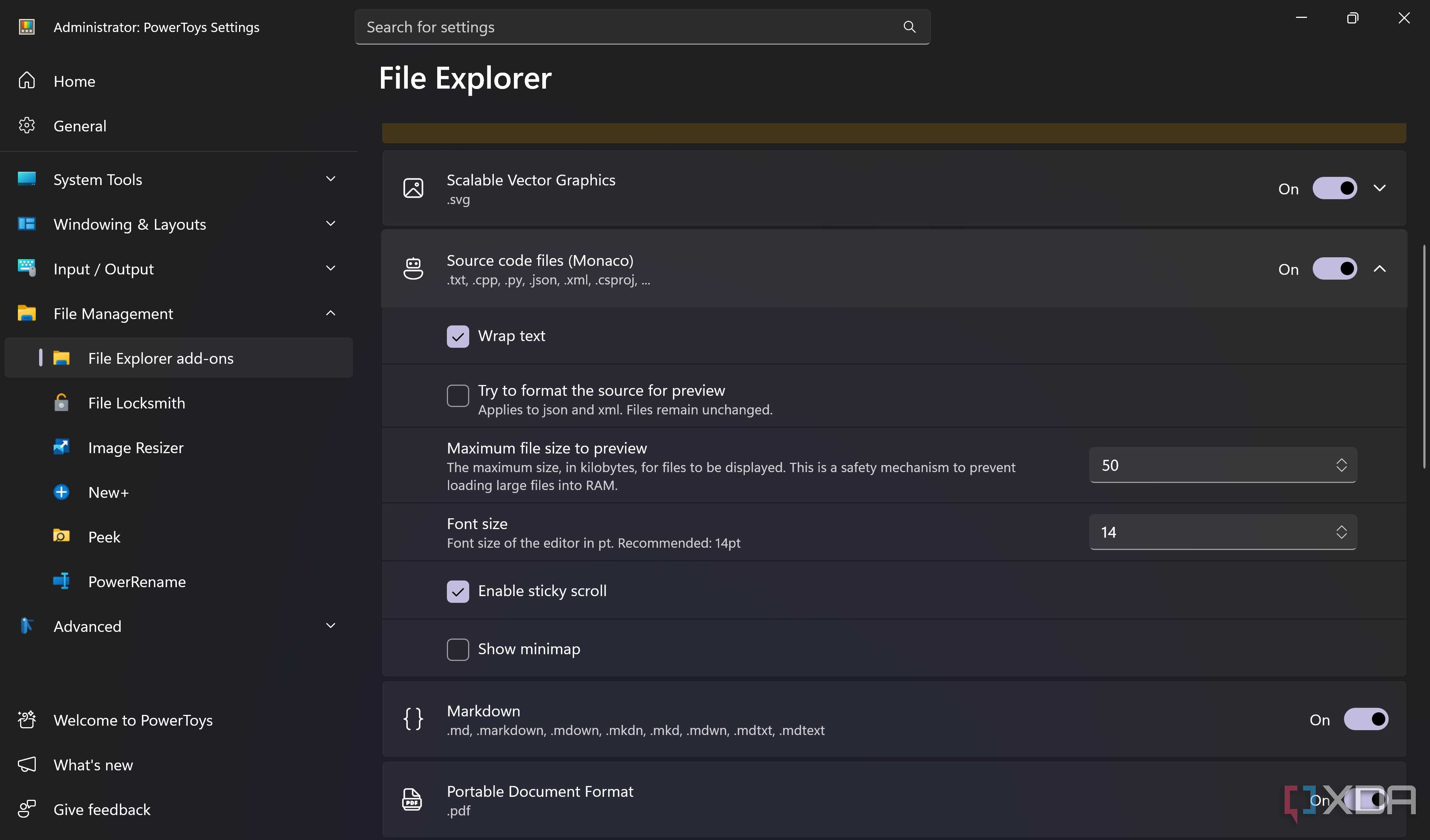 PowerToys Addons like Markdown, Portable Document Format showing
