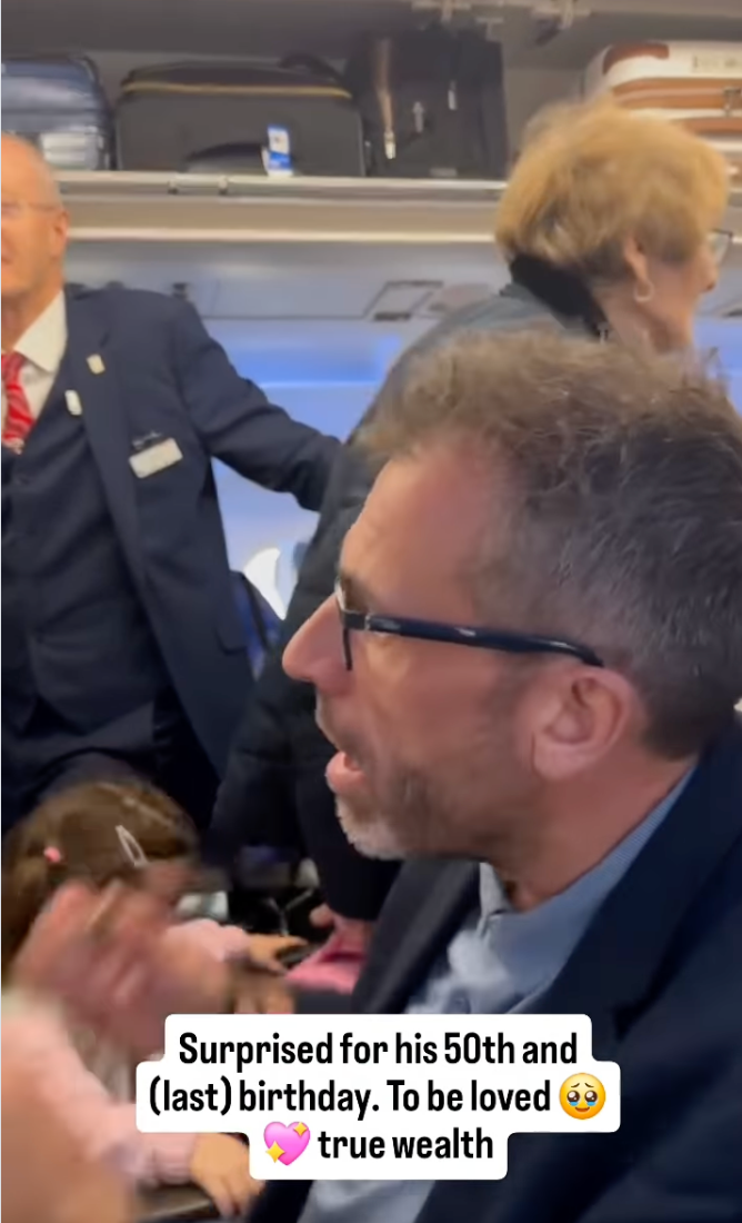 Man on airplane surrounded by people, text overlay says: