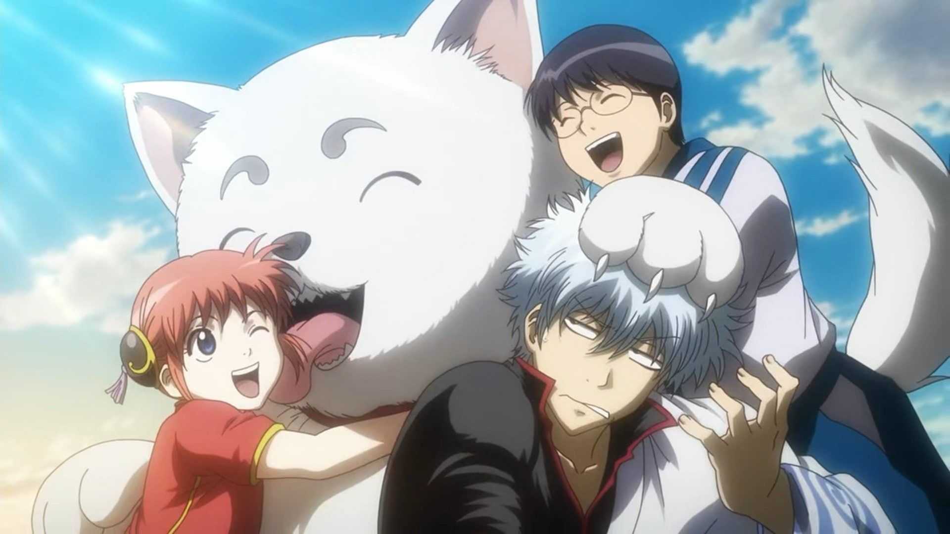 Sadaharu licking Kagura, joyful Shinpachi and an annoyed Gintoki in Gintama