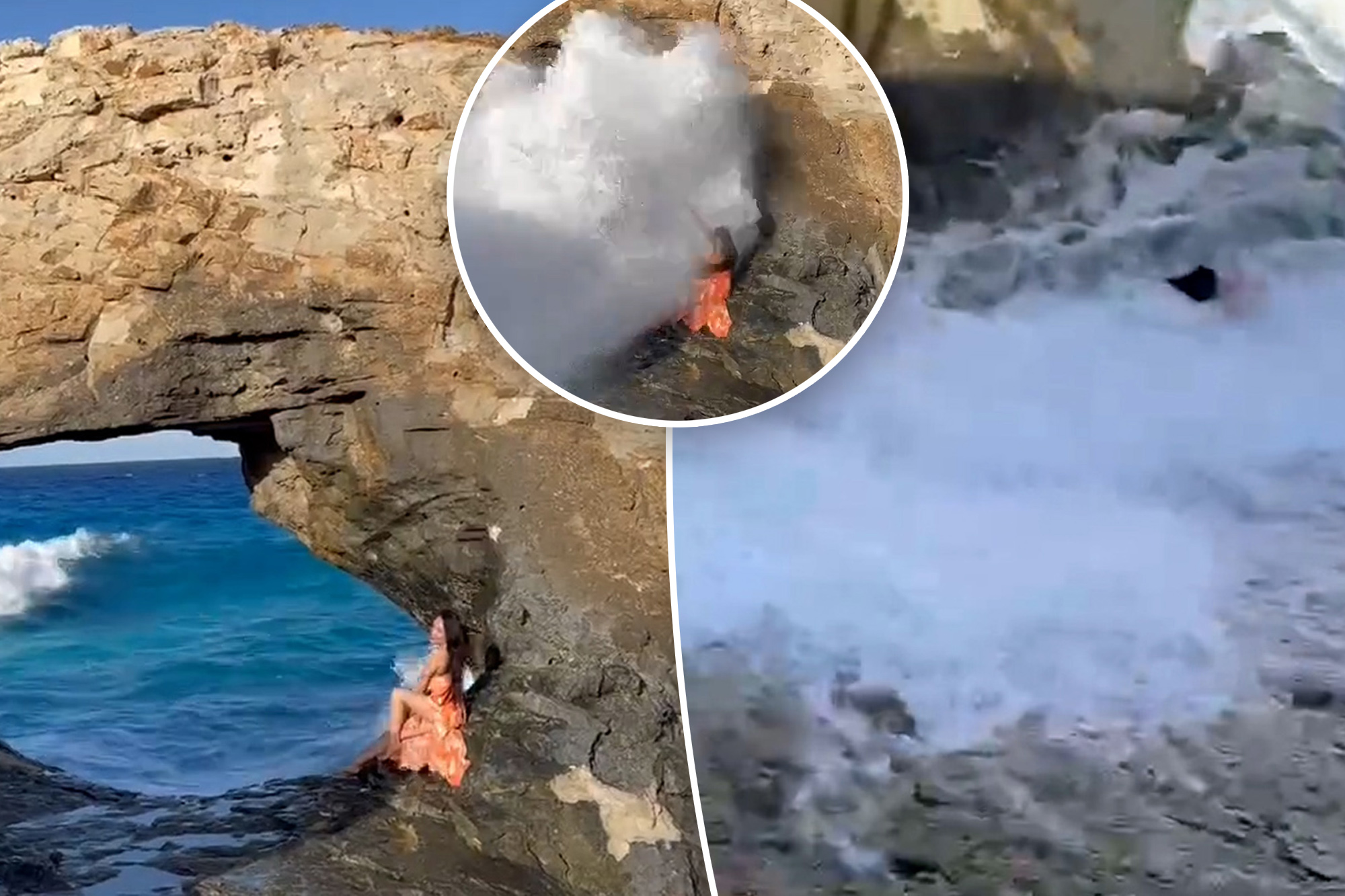 Glamorous tourist almost killed after giant wave smashes her into rocks ...