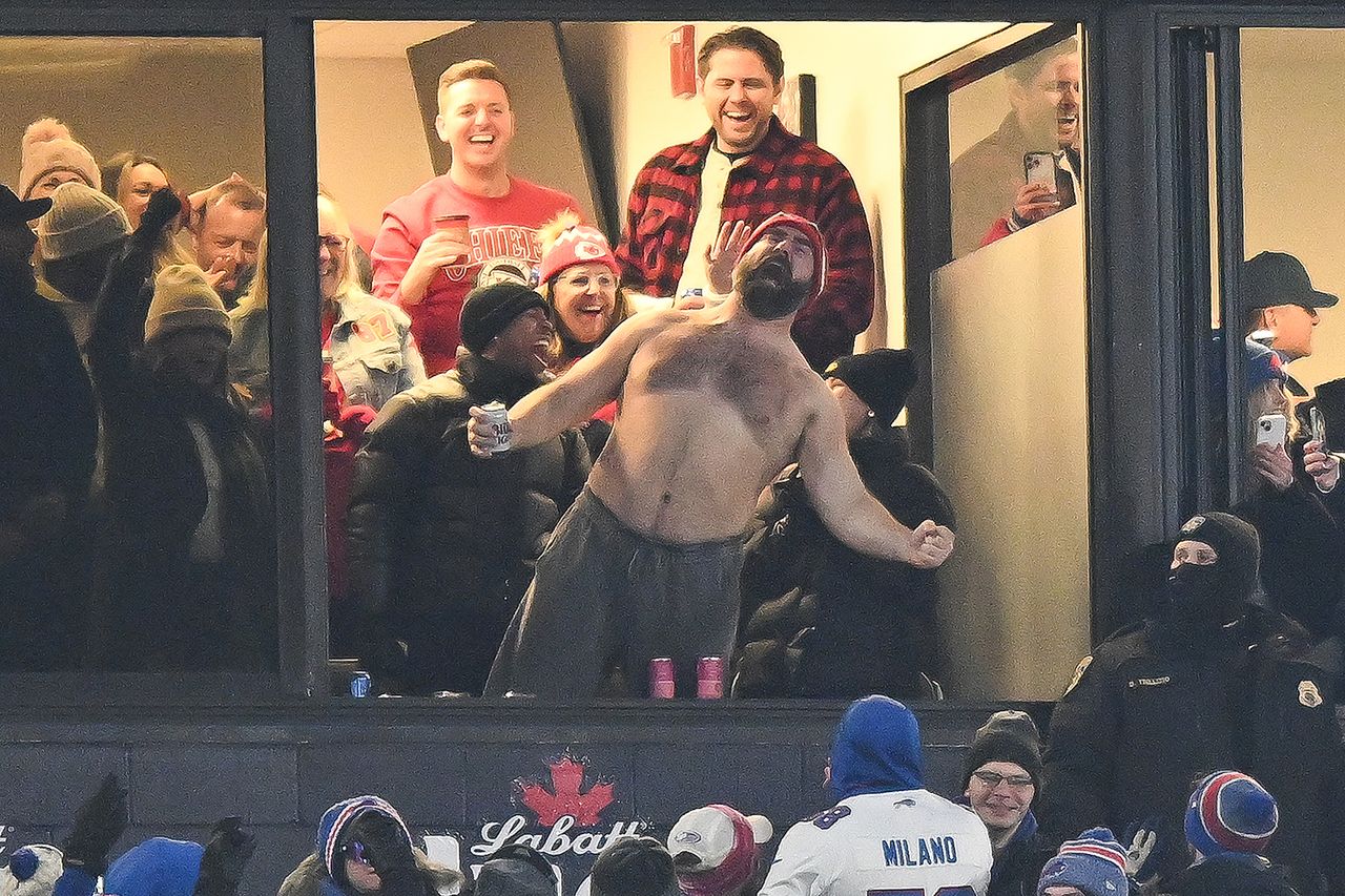 Kathryn Riley/Getty Jason Kelce topless at the Buffalo Bills vs. Kansas City Chiefs game on January 21, 2024