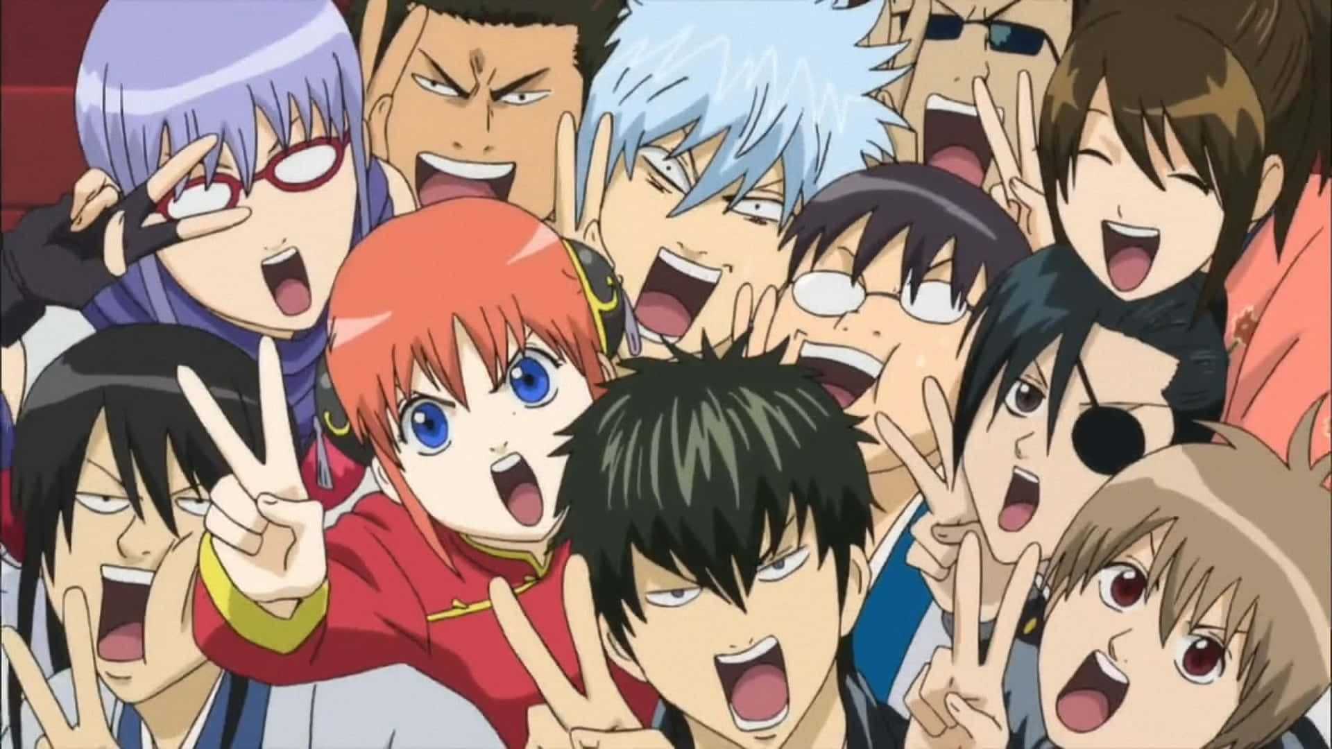 Gintama's main characters bunched together with peace signs