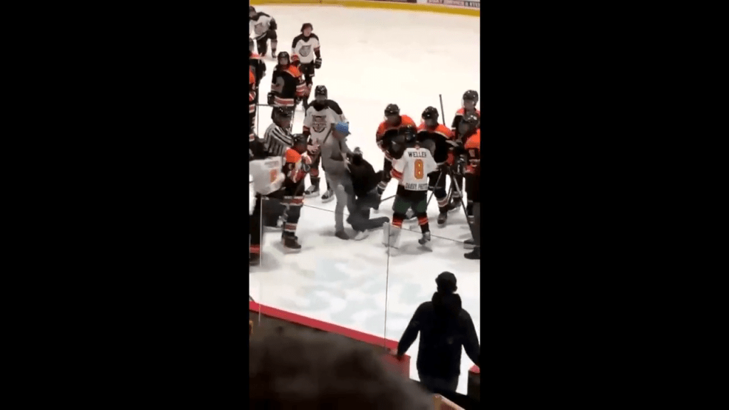 Bench-clearing minor hockey fight, appearing to involve coaches, caught ...