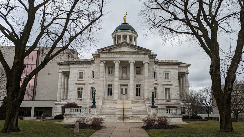 Exterior of historic courthouse in Somerville with winter trees