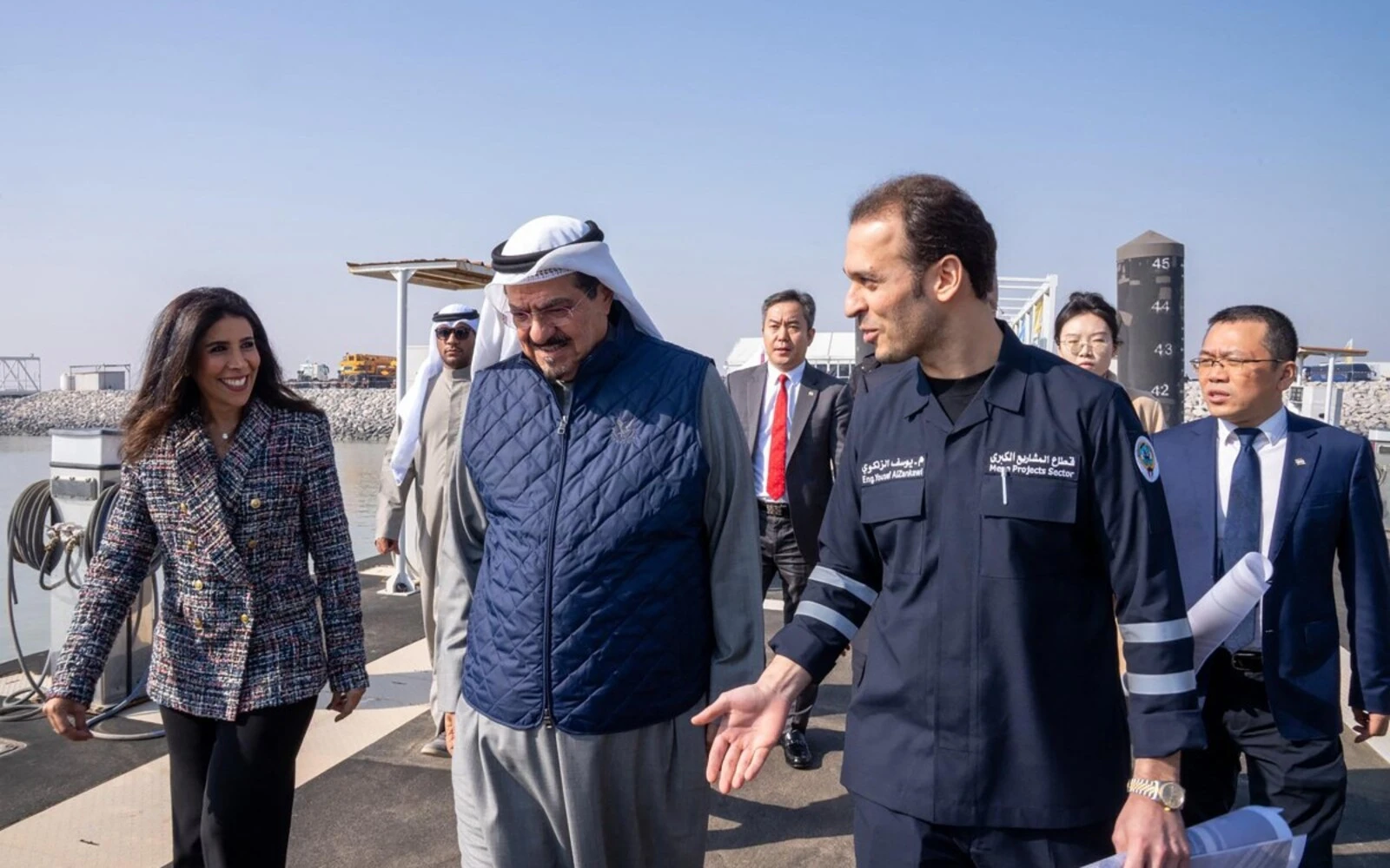 Kuwaiti Prime Minister Sheikh Ahmad Abdullah al-Ahmad al-Sabah (centre left) and officials are touring the under-construction Mina Mubarak al-Kabeer Port on Boubyan Island. (AFP pic)