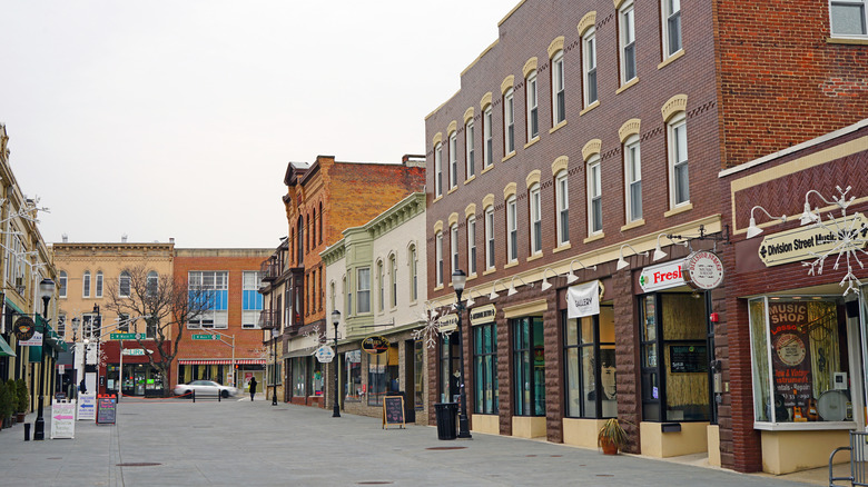 Pedestrian walkway with historic architecture and stores in Somerville