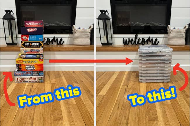 Board games neatly organized into plastic storage containers, shown before and after transformation with text highlighting the change