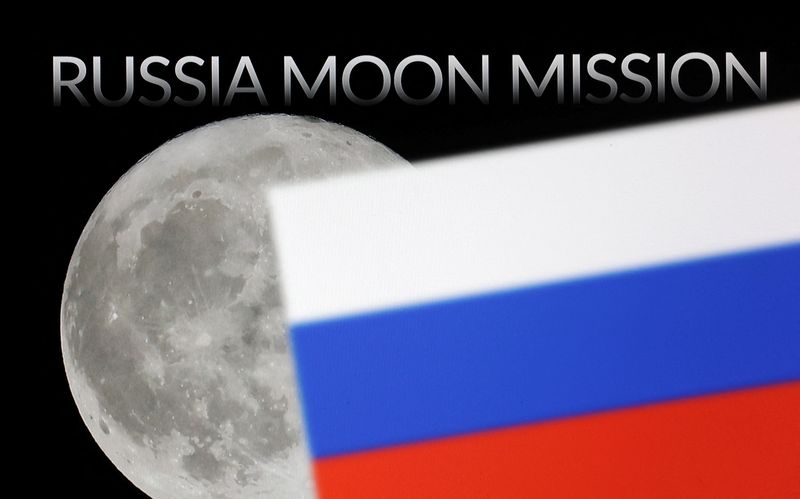 Illustration shows words 'Russian Moon Mission', Moon and a Russian flag
