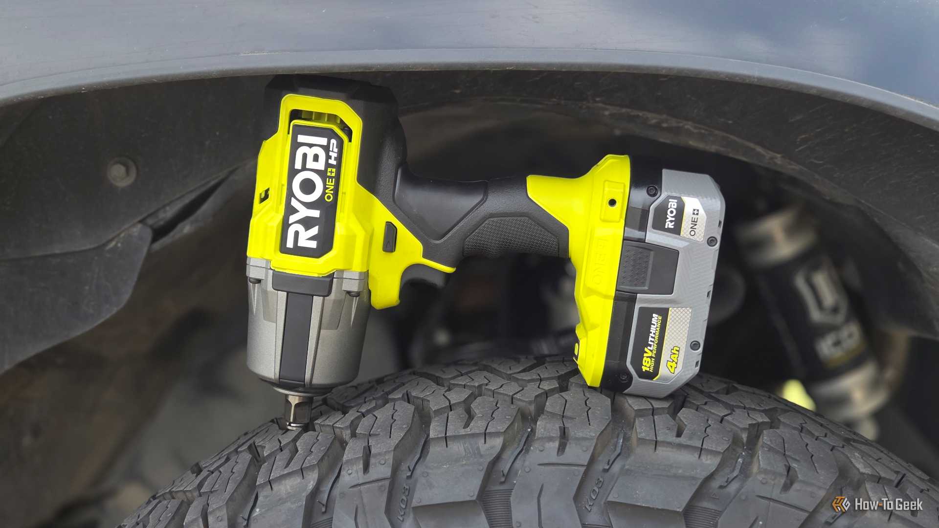 Ryobi impact wrench on a truck tire