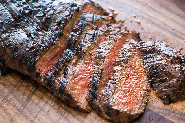 Grilled Marinated Flank Steak sliced thinly on cutting board