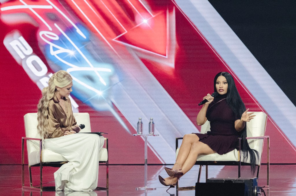 CEO of Turning Point USA Erika Kirk and rapper Nicki Minaj on Dec. 21, 2025. AFP via Getty Images