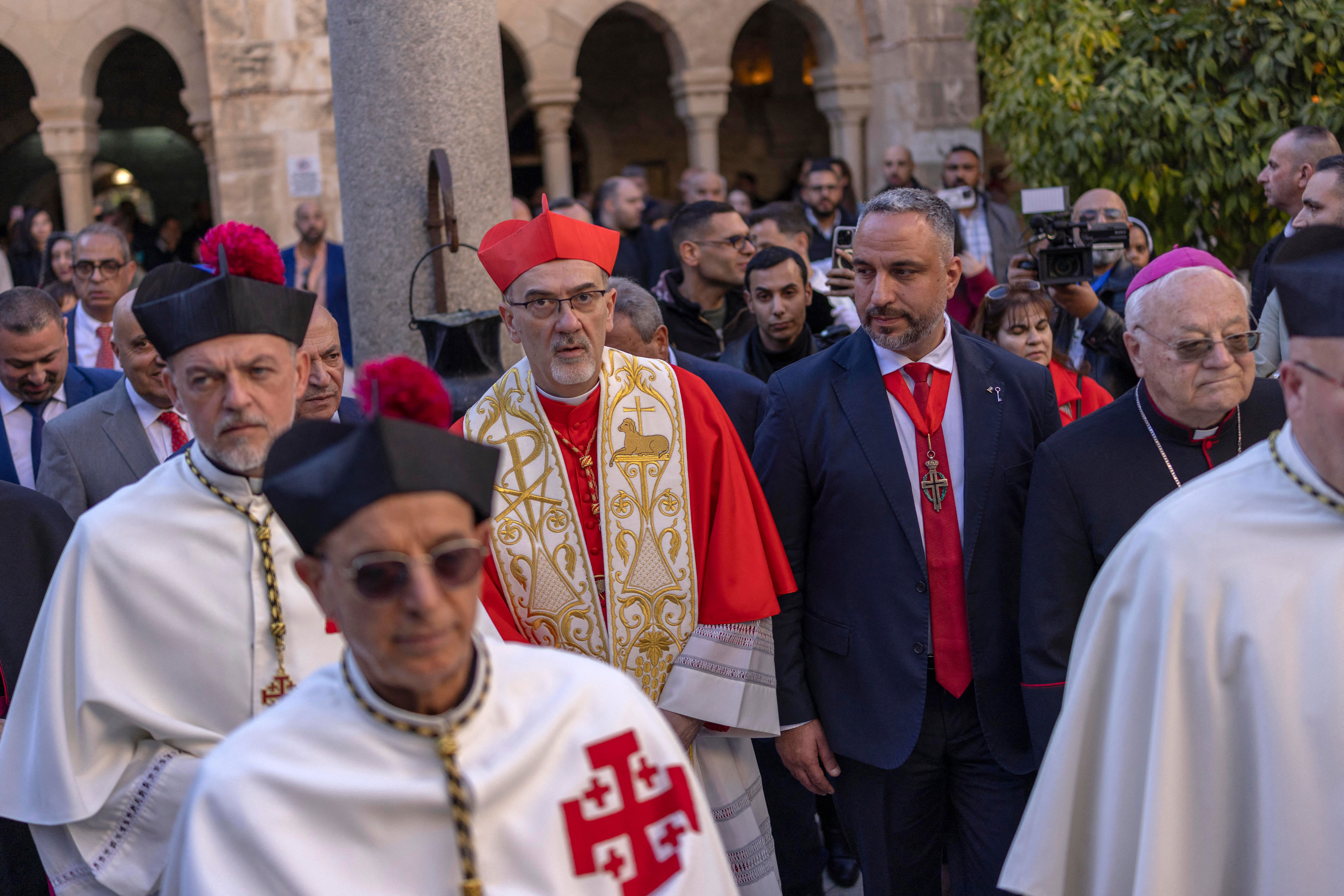 The Latin Patriarch of Jerusalem, Cardinal Pierbattista Pizzaballa, leads the yearly Christmas procession outside the Church of the Nativity in Bethlehem on Dec. 24, 2025.  / Credit: ilia yefimovich /AFP via Getty Images