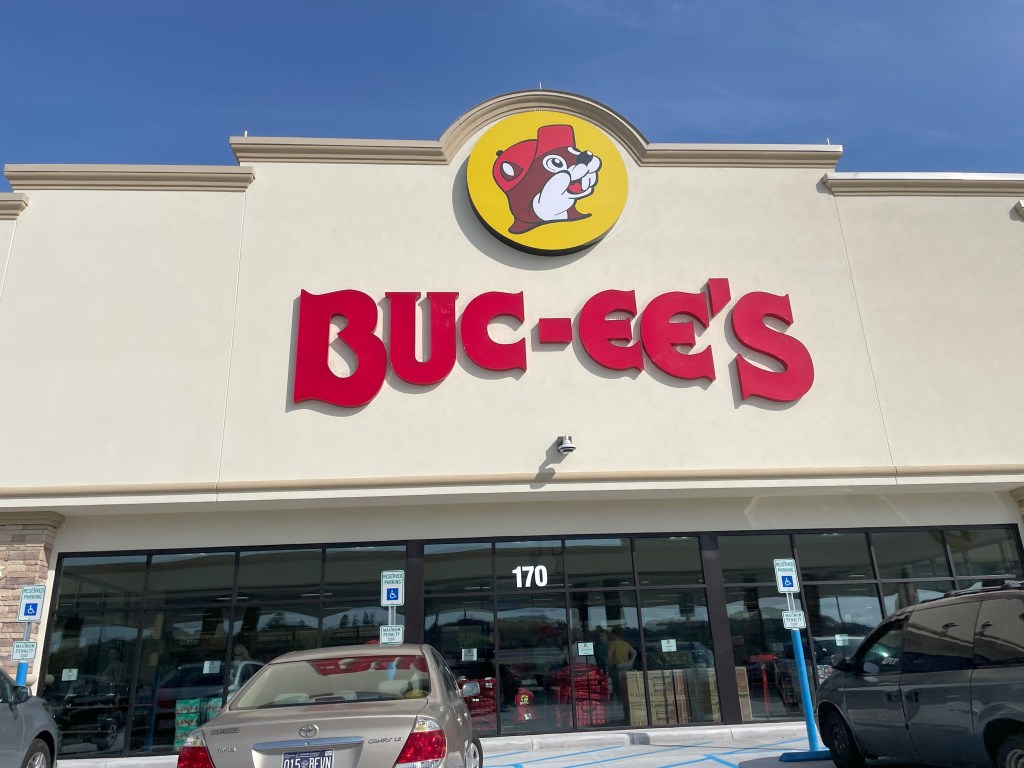 A beacon for the greatest gas station to ever exist, the red Buc-ees sign.
