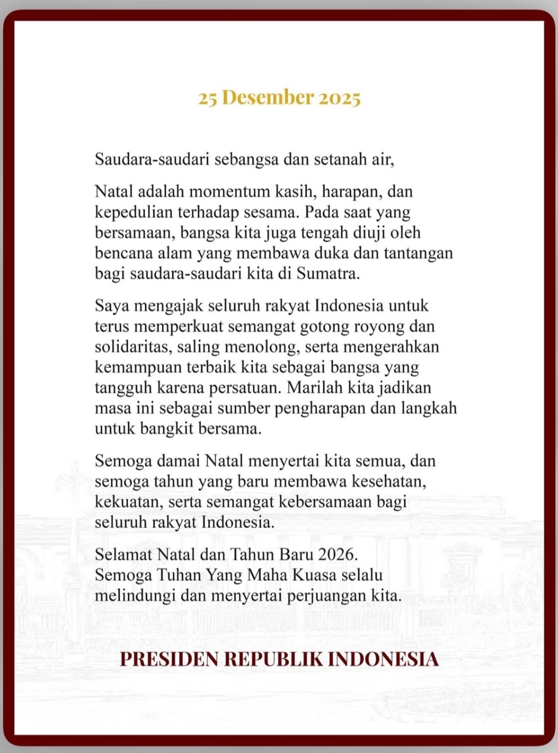 Pesan Natal Presiden Prabowo: Kasih, Harapan, dan Kepedulian untuk Sesama