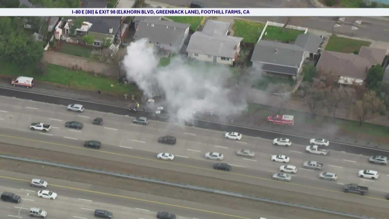 Driver dead after fiery, solo-vehicle crash along I-80 in Sacramento County