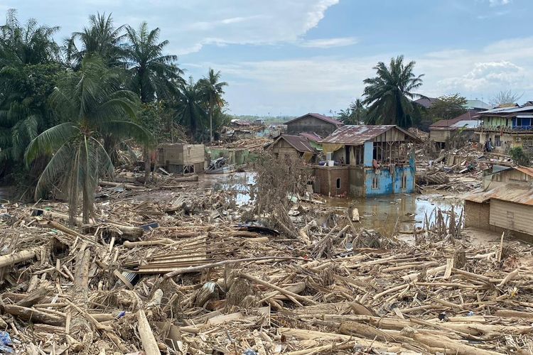 Tumpukan kayu gelondongan yang hanyut dari hulu sungai saat banjir bandang dan longsor melanda Aceh Tamiang sejak Rabu (26/11/2025).