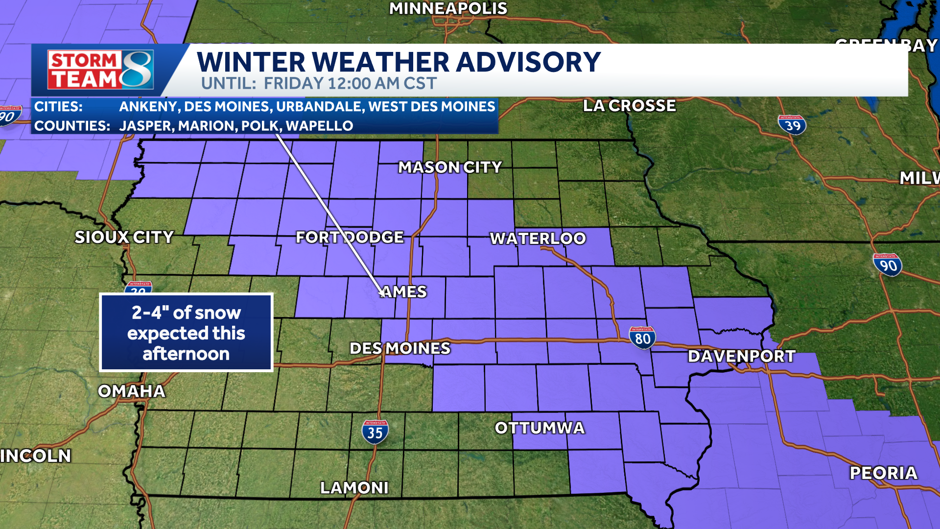 Iowa weather: Winter weather advisory in effect as snow moves across state