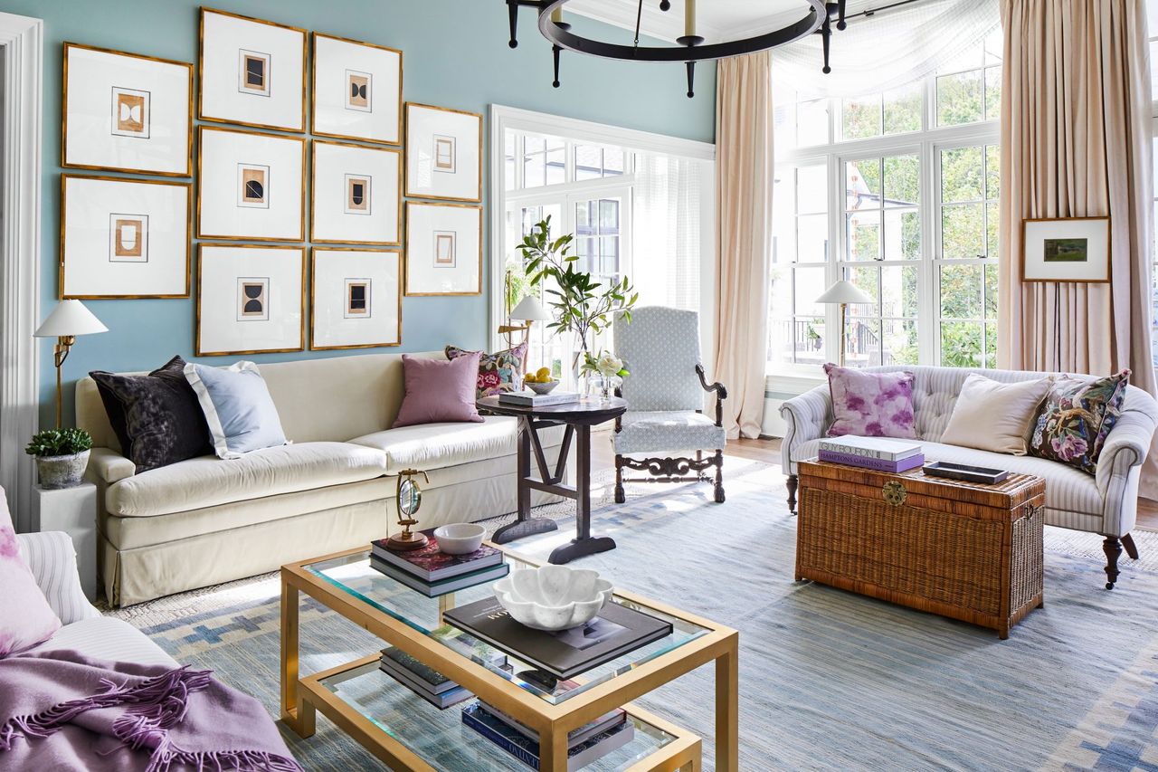 Light Blue Living Room with Pops of Purple