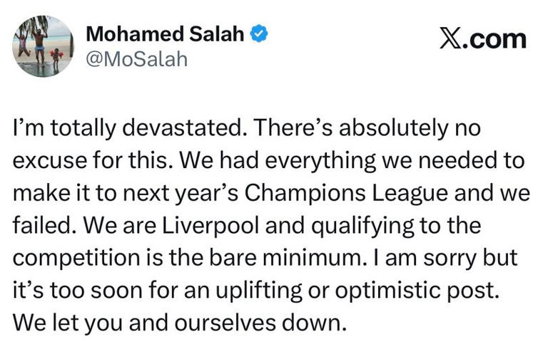 Mohamed Salah issued an apology to Liverpool fans after the club missed out on the top four in 2023