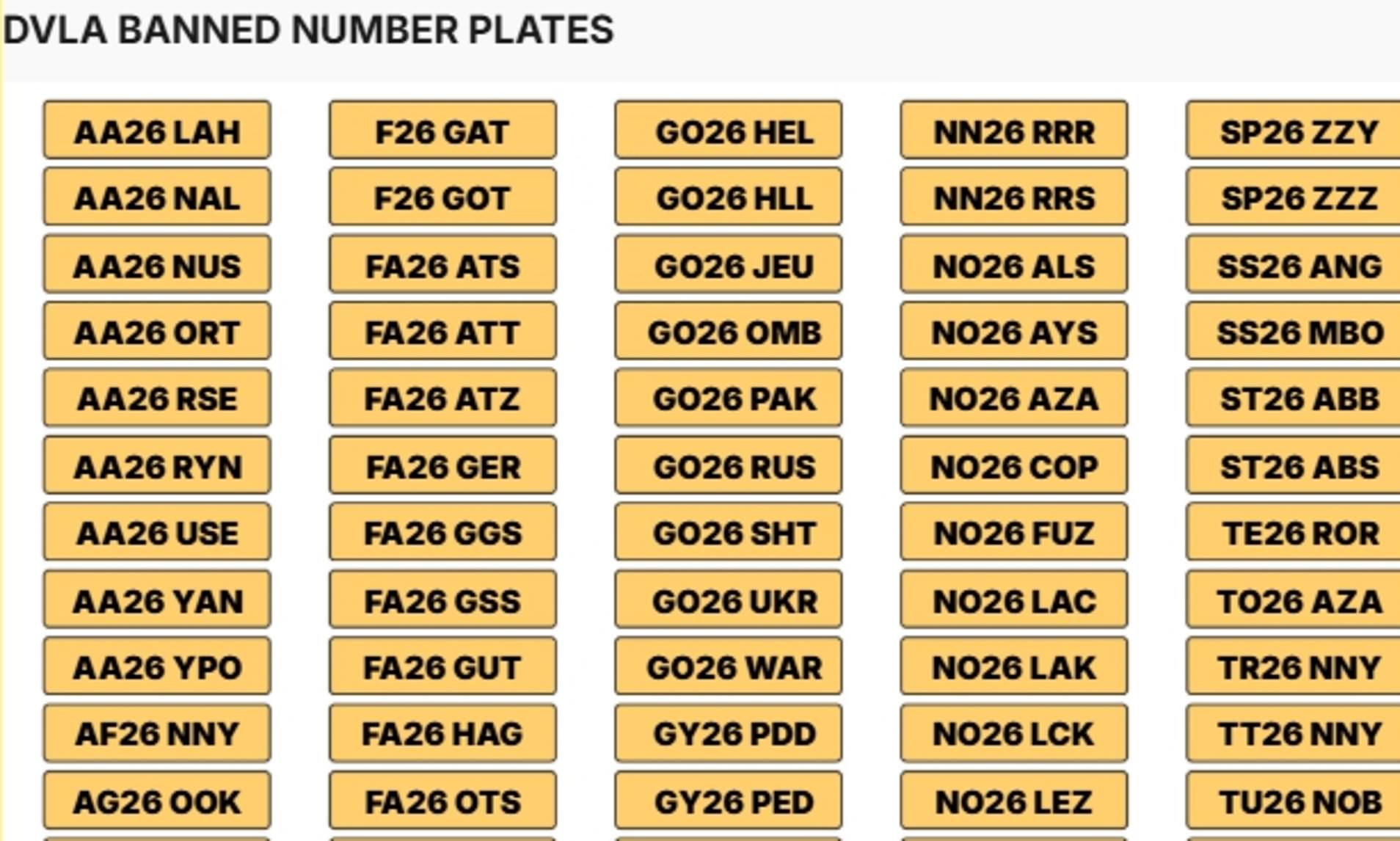 Banned 26 number plates: Full list of 403 registrations DVLA rejected ...