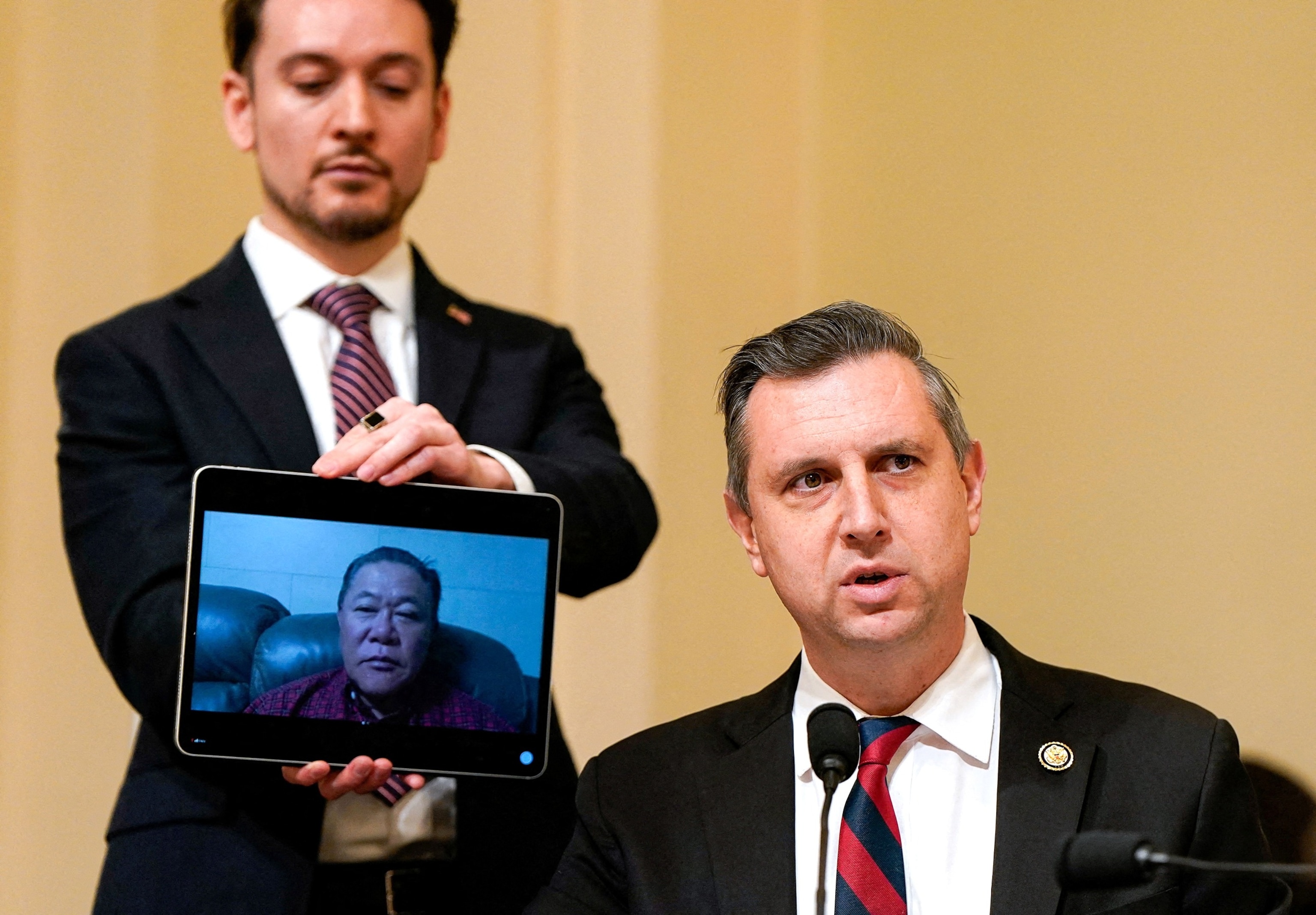 Elizabeth Frantz/Reuters - PHOTO: Rep. Seth Magaziner speaks during a House Homeland Security hearing entitled "Worldwide Threats to the Homeland," while Sae Joon Park joins the hearing via a video call, on Capitol Hill in Washington, D.C., Dec. 11, 2025.