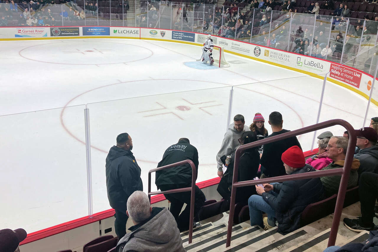 Duck! Fans keep getting hit by pucks at Union College's new hockey rink.